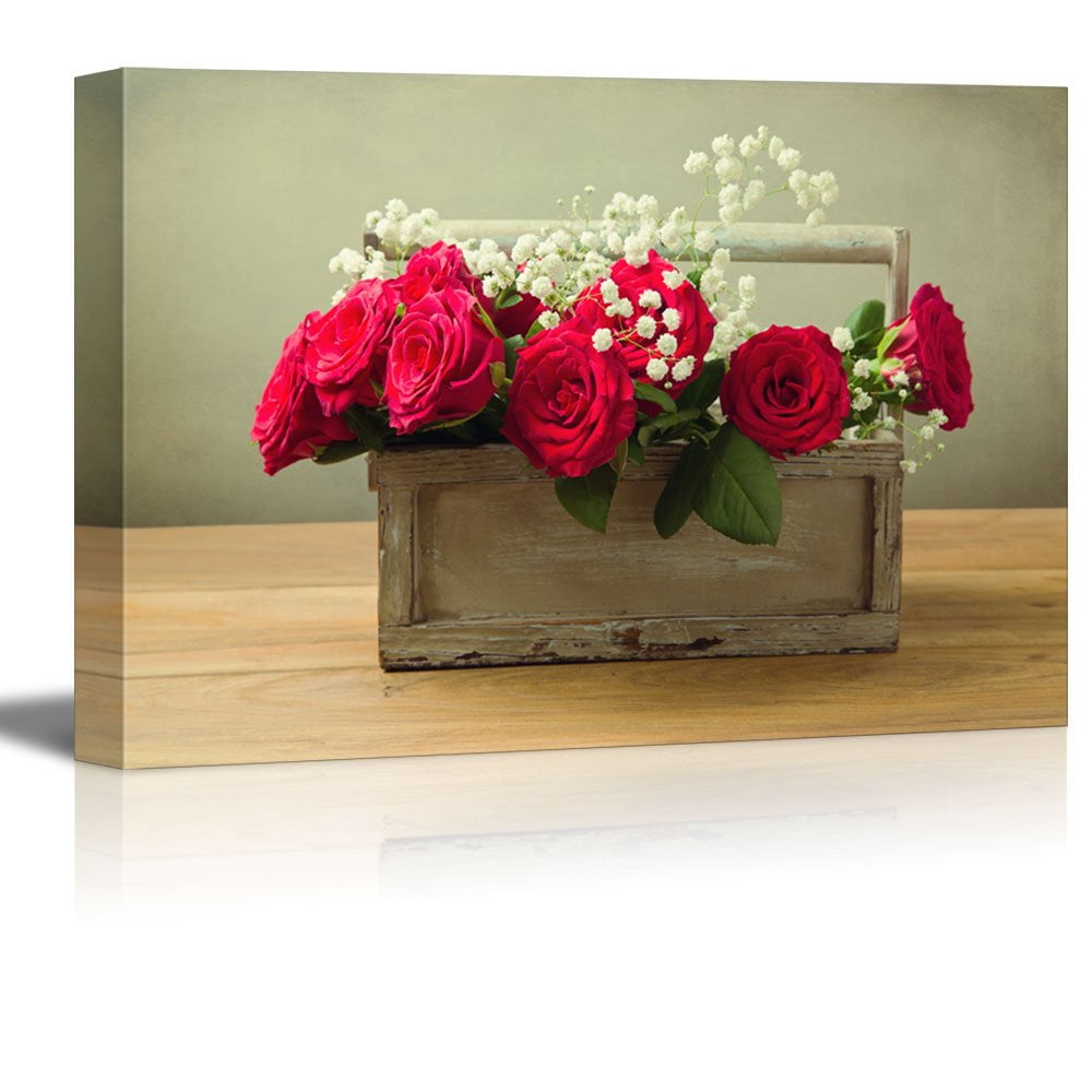 wall26 - Canvas Prints Wall Art - Red Roses Flower Bouquet in Wooden Box | Modern Wall Decor/Home Decoration Stretched Gallery Canvas Wrap Giclee Print. Ready to Hang - 12 x 18