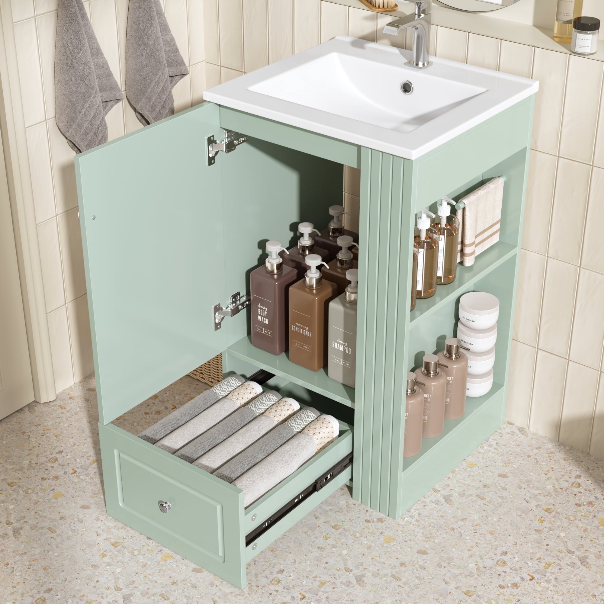 Euroco 20" Freestanding Bathroom Vanity with Ceramic Sink, Single Faucet Hole, MDF Storage Cabinet with Soft-Close Drawer, Open Side Shelves with Pinewood Towel Bar