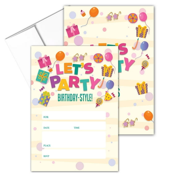 Stonehouse Collection Kids Fill in the Blank Let's Party Invitations, 5 x 7 inch