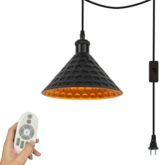 Kiven 1-Light Plug in Pendant Light,Industrial Hanging Light with 15FT Cord, Remote Control, Dimmable Ceiling Pendant Light Black Finish Gold Inner