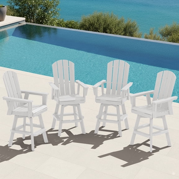 SERWALL HDPE Outdoor Swivel Bar Chairs Set of 4, Bar Height Adirondack Barstools, All Weather Pub Bar Chair, White