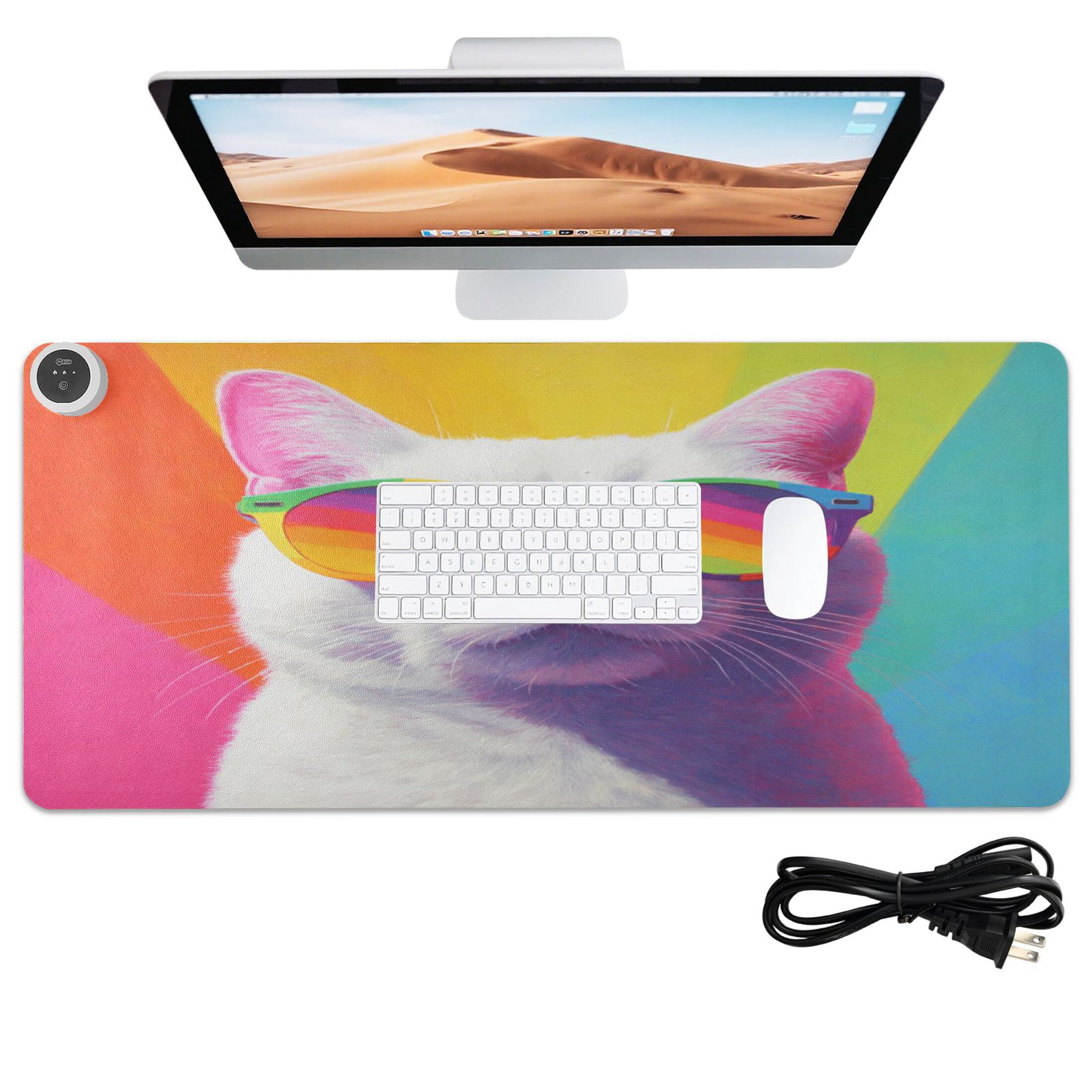 Large Heated Desk Mat Mouse Pad 31.5"x13"PU Leather Graphene Heating Desk Warmer with 3 Temperature Settings 110V US Plug Non-Slip Warm Pad for Home, Office, and Gaming White Cat Colorful Sunglasses