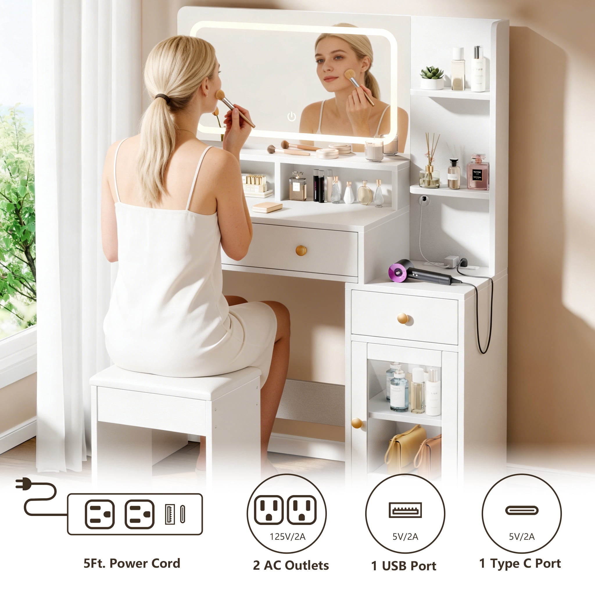 Satifur White Makeup Vanity with LED Mirror, 3 Color Lights, 2 AC + USB + Type-C, 3 Shelves, 2 Drawers & Acrylic Cabinet – Modern Vanity Desk for Bedroom