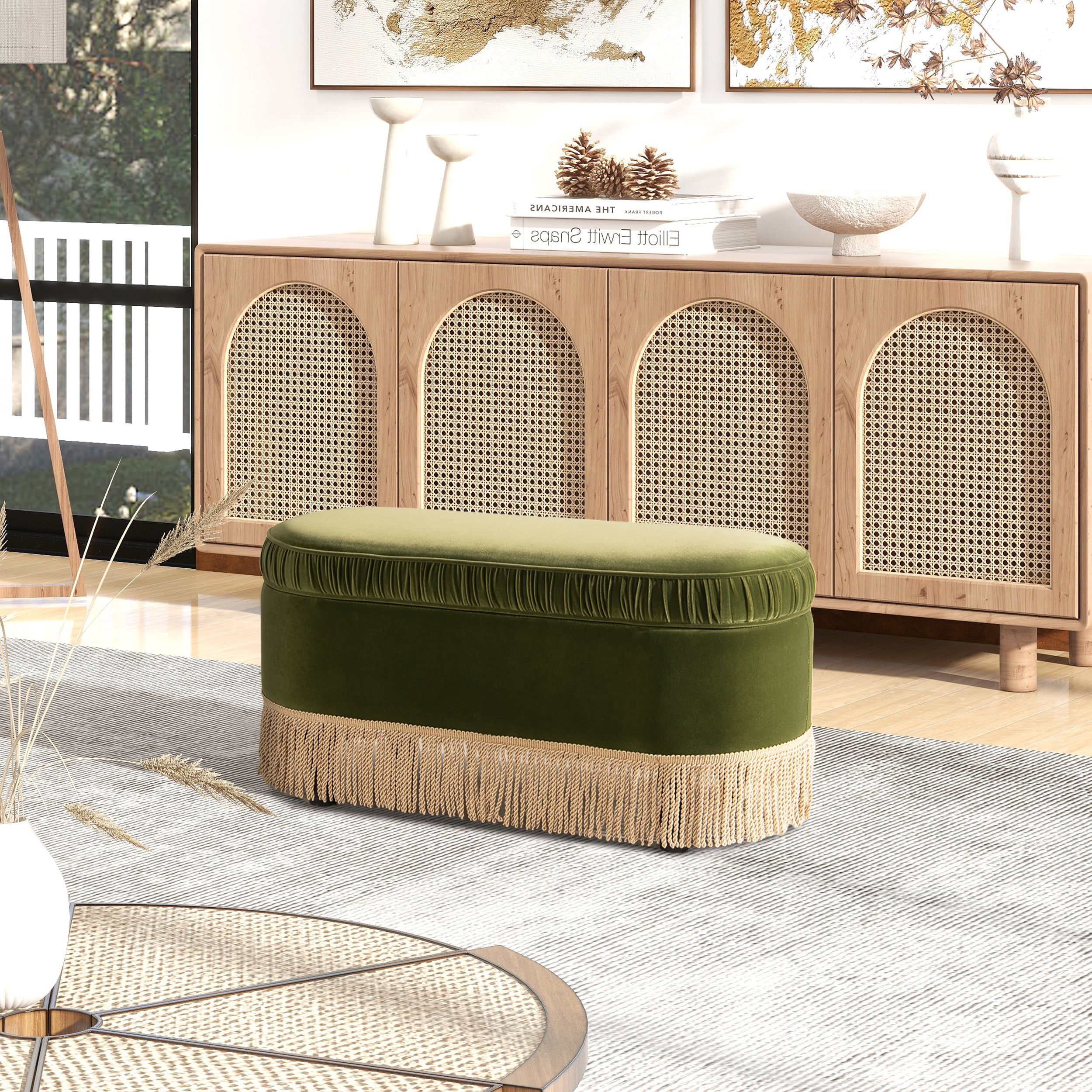 Jennifer Taylor Home Serena 38" Oval Storage Bench Ottoman, Olive Green Performance Velvet