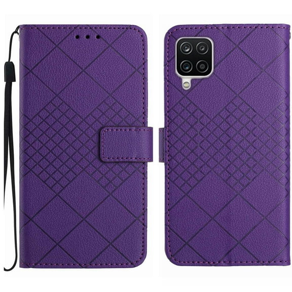 Dteck for Samsung Galaxy A12 5G Magnetic Case, Premium PU Leather Folio Flip Wallet Case with Card Holder Cash Slot Lanyard Strap Kickstand Function Embossed Pattern Slim Shockproof Cover, purple