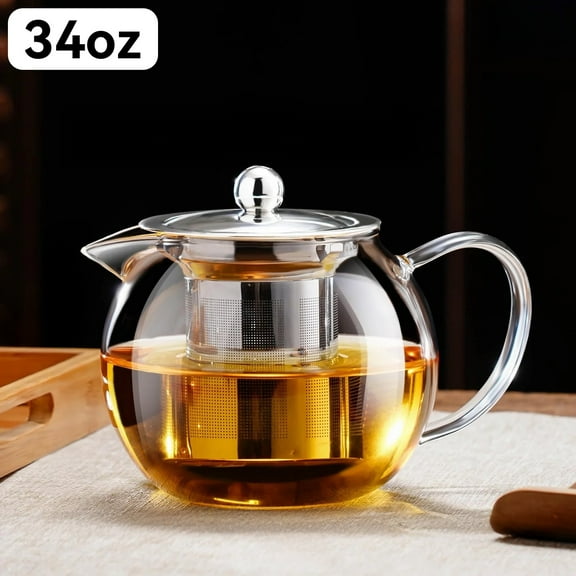 Baalaka Borosilicate Glass Teapot - 34oz(1000ml) Stovetop with 18/8 Steel Inf for Loose/Blooming Tea