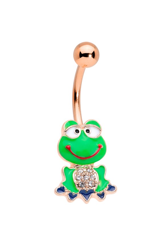 Womens 14G Plated Steel Navel Ring Piercing Rosy Clear Accent Green Frog Belly Button Ring