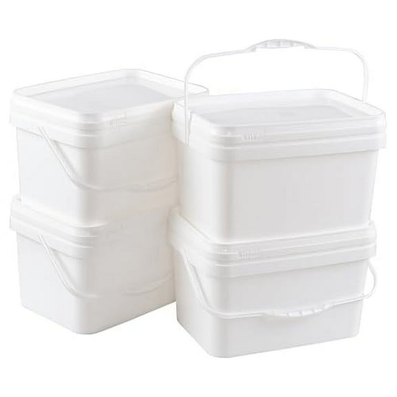 3 Gallon White Plastic Square Bucket with Lid for Food Storage, 4 Pcs Rectangular Utility Plastic Bucket Pail with Lid and Handle