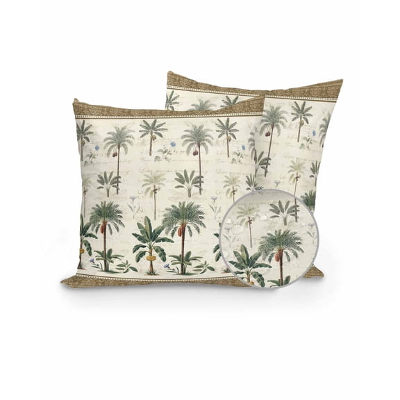 Outdoor Pillows Waterproof, Summer Palm Tree Throw Pillows with Inserts Included, Green Brown Tropical Botanical Vintage Indoor Outdoor Decorative Lumbar Pillow for Bed/Couch/Patio 16"x16", 2Pcs
