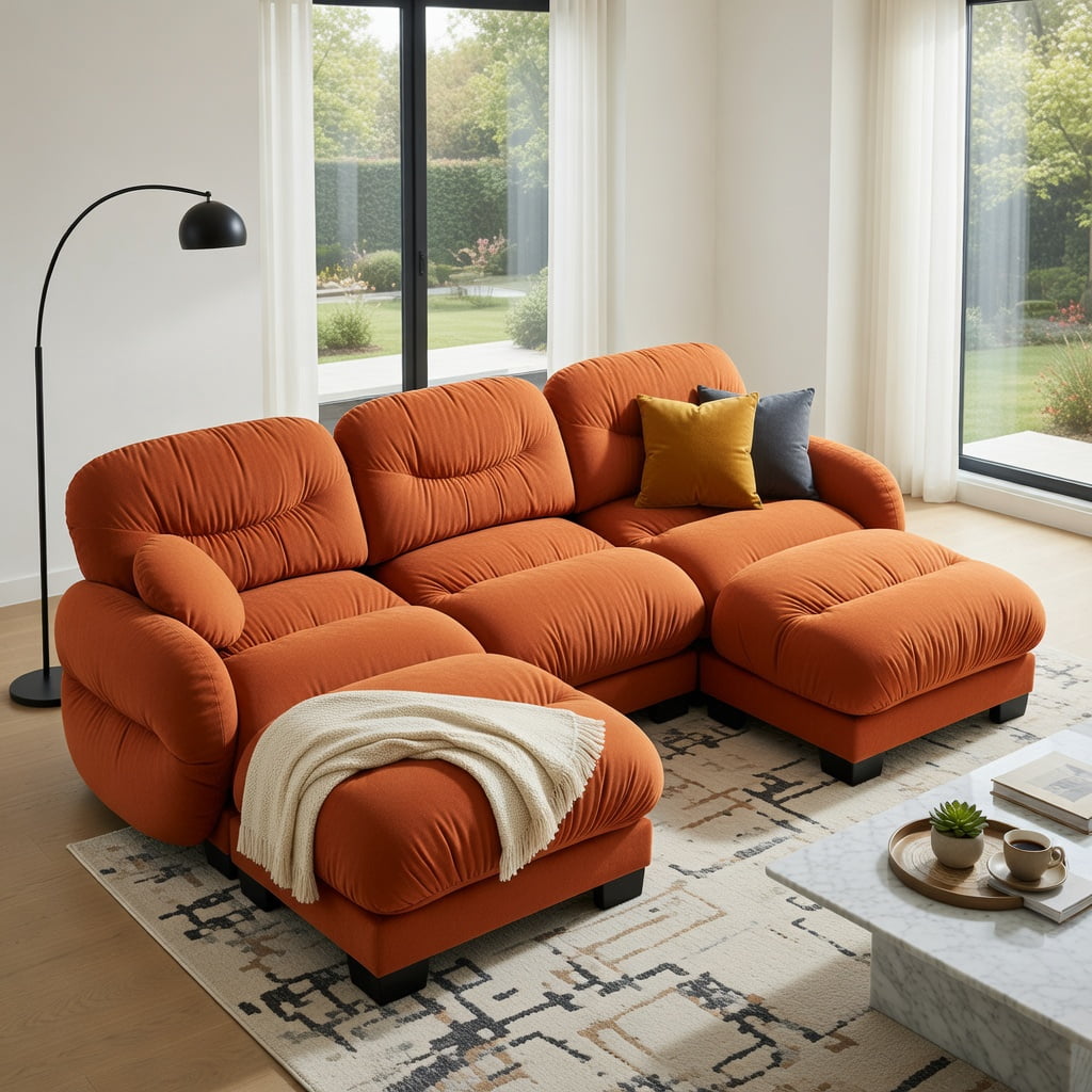 Hommoo Chenille U-Shaped Modular Sectional Sofa with Ergonomic Foam, Pleated Back Design, 3-Seater + 2 Ottomans & Round Throw Pillows, Orange
