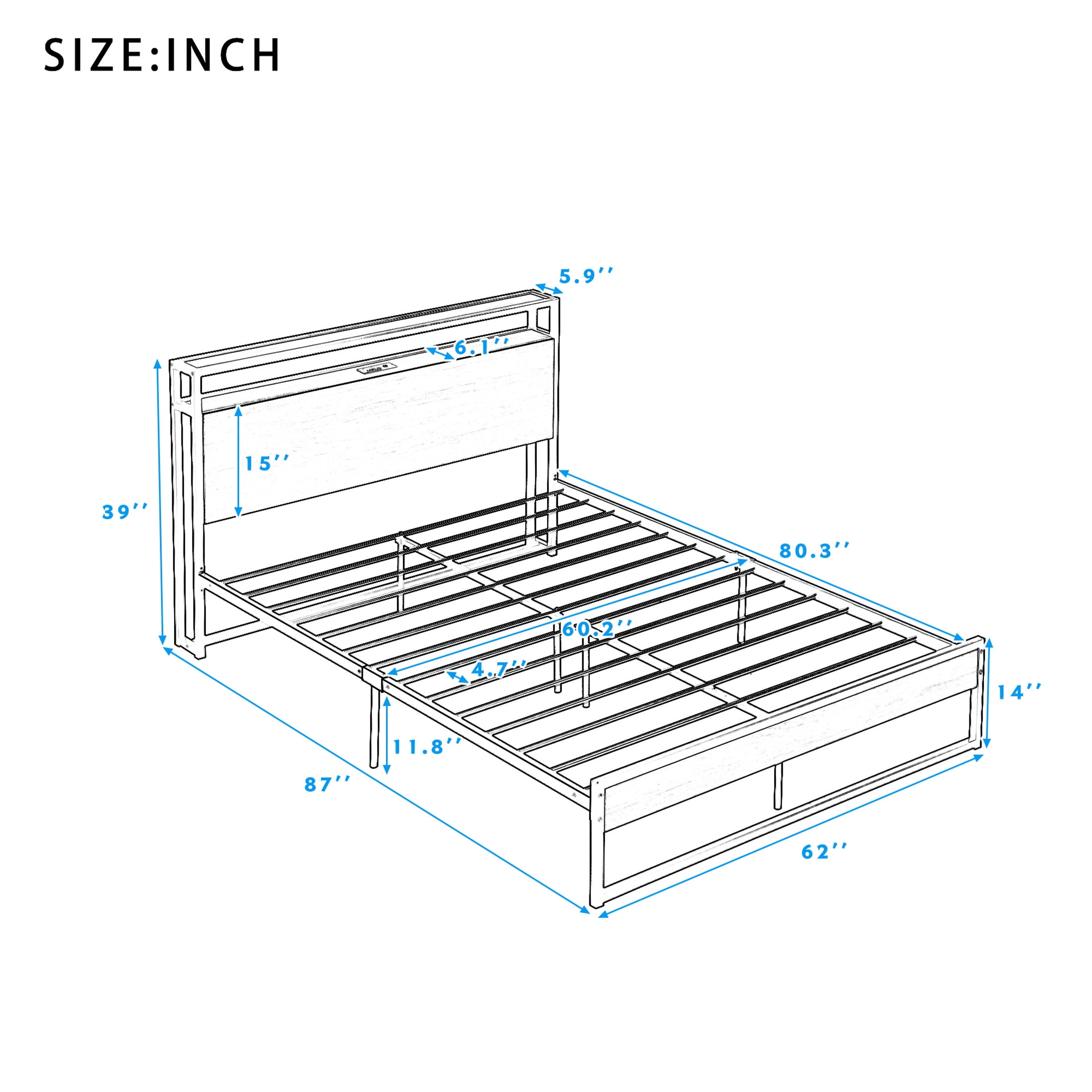 Aukfa Metal Queen Size Bed Frame with 2-Tier Storage Headboard Shelf, 2 USB Ports, Brown