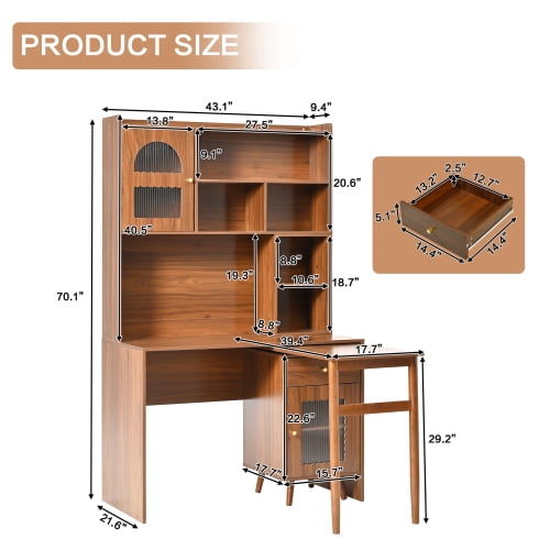 Bellemave L Shaped Desk with 90° Rotating Desktop, Home Office Computer Desk with Storage Cabinets and Shelves, Farmhouse Corner Writing Desk for Study or Small Space, Walnut