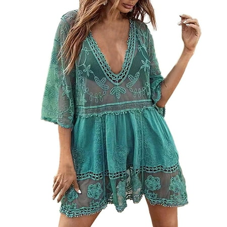 VBARHMQRT Female Womens Swim Coverups Sunscreen Shirt Sexy Lace Loose Beach Holiday Blouse Skirt Bikini Coat Swimsuit Woman Beach Cover up Crochet Swimsuit Coverup for Women