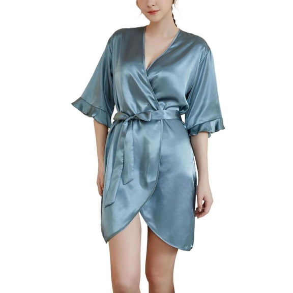 SWSMCLT Women's Belt Bathrobe Chic Bath Robe Billowy Cool Curvy Falbala Fall Loungewear Elbow Sleeve Medium Grey Large