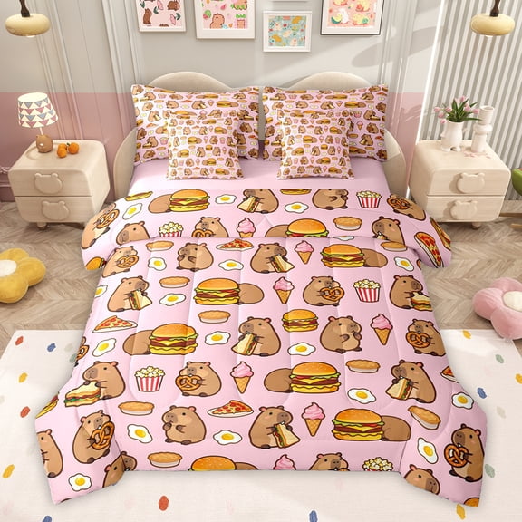 Homewish Girly Pink Cartoon Twin Bedding Sets 7-Piece for Kids, Cute Capibara Lover Bedding Comforter Set, Kawaii Animal Lover Reversible Sheet Sets, Breathable Home Decor