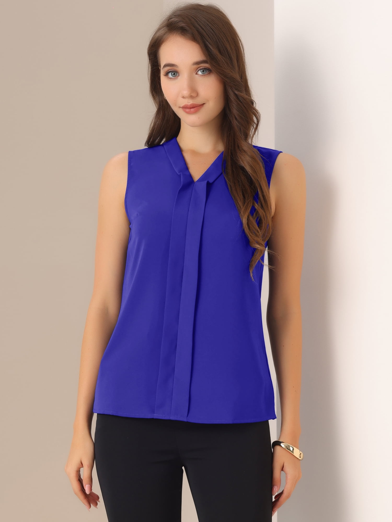 DARING DIVA Sleeveless Pleated Front Work Office Blouse L Royal Blue