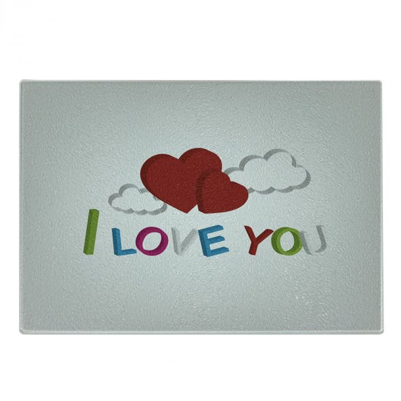 I Love You Cutting Board, 3D Letters Clouds and Hearts Romantic Message Happy Feelings, Decorative Tempered Glass Cutting and Serving Board, Small Size, Lime Green Magenta, by Ambesonne