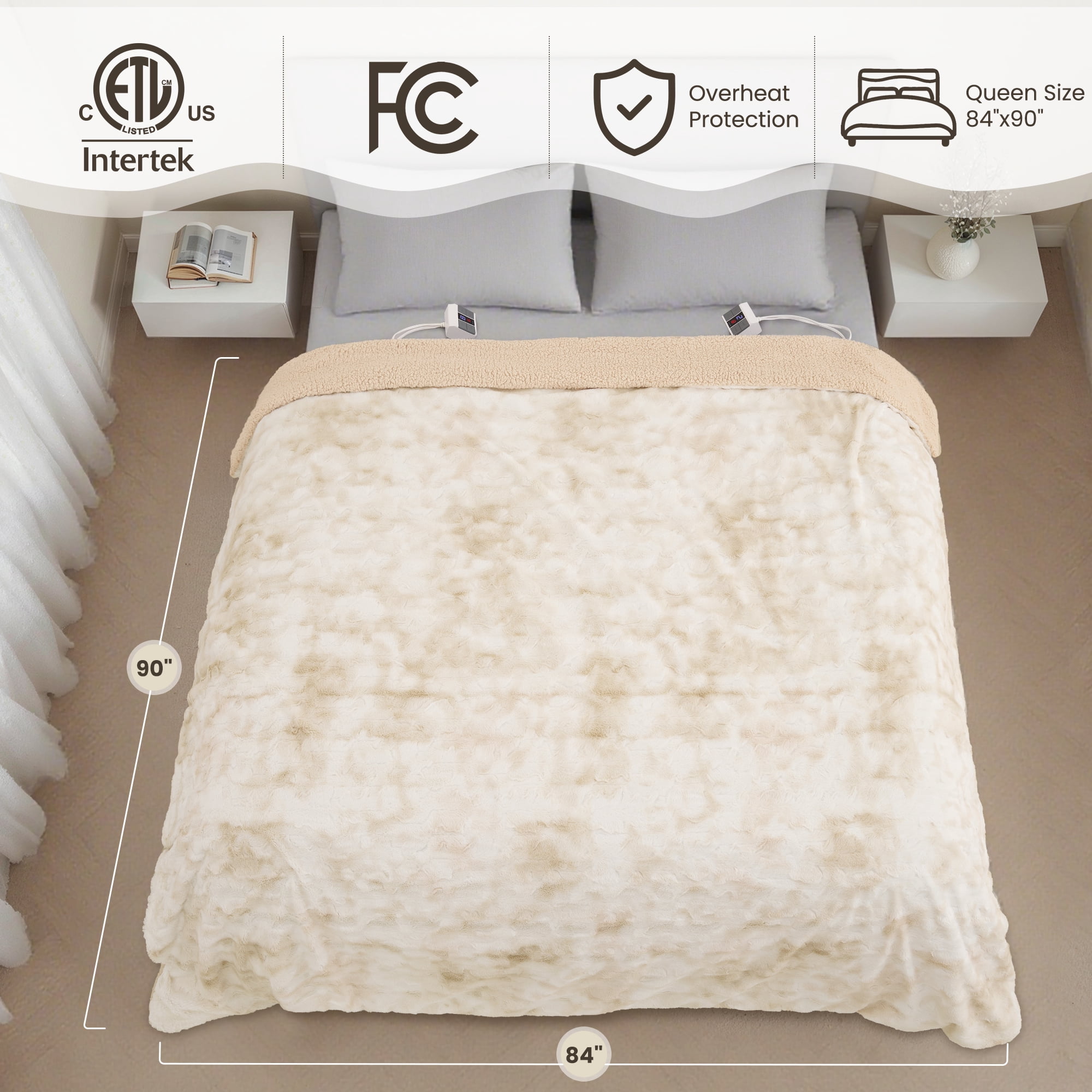 MARNUR Heated Blanket Queen Size 84" x 90", Faux Fur & Sherpa Electric Blanket with Dual Controllers, 10 Heat Levels, 10H Timer, Tie-Dye Off White