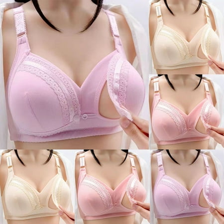 CFLVAEK Nursing Bra for Women Plus Size Wireless Maternity Bras Ultra Comfort Button Front Closure Pregnant Bralette Breathable Push Up Bras with Extra Extenders Pink 40