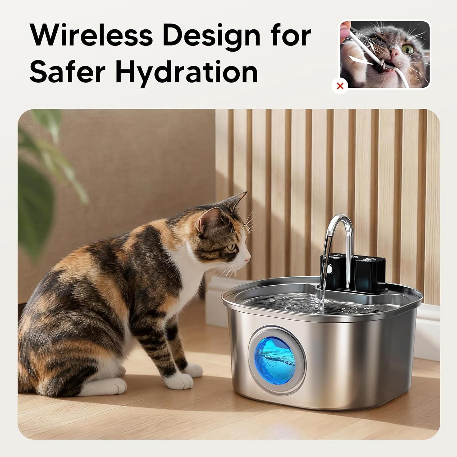Stainless Steel Cat Water Fountain: 108oz/3.2L Wireless Cat Fountain Battery Operated for Drinking Indoor, Automatic Pet Water Dispenser Bowl with Ultra Quiet Pump, Easy Clean BPA-Free, 1Filter