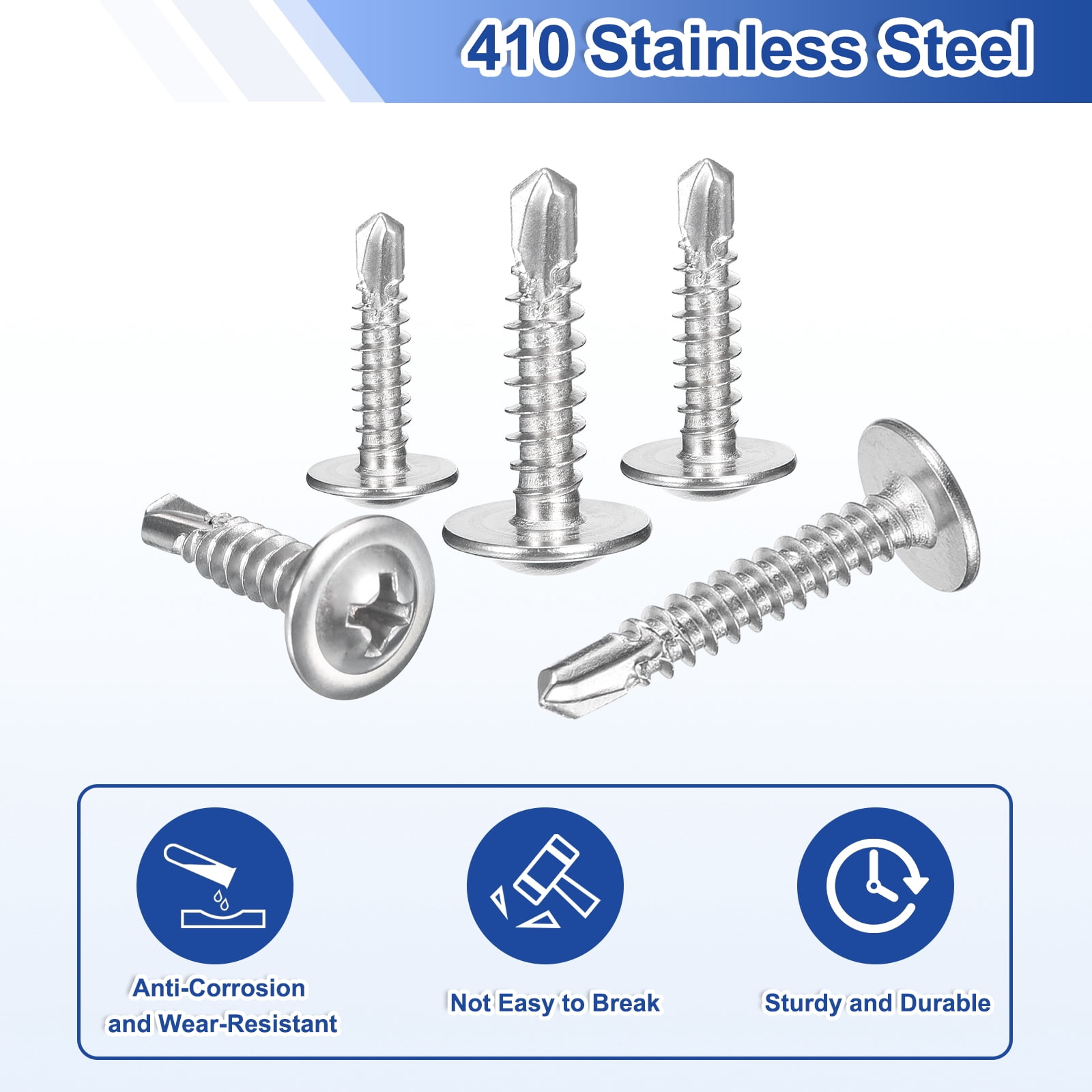 150Pcs #10x1-1/2" Self-Tapping Screws, 410 Stainless Steel Phillips Self Drilling Screws Flat Head Sheet Metal Screws for Industry, Furniture Repair, Silver