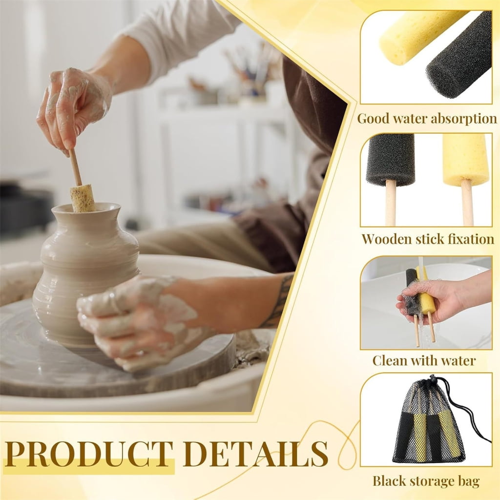 Geemin 12Pcs Pottery Trimming Tool Pottery Sponge on Stick for Ceramic Clay Trimming