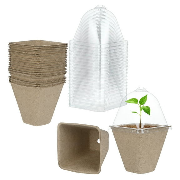 Uxcell 20-Pack Peat Pots, 3.15 Square Garden Germination Nursery Pots with Humidity Dome [Middle Hole]