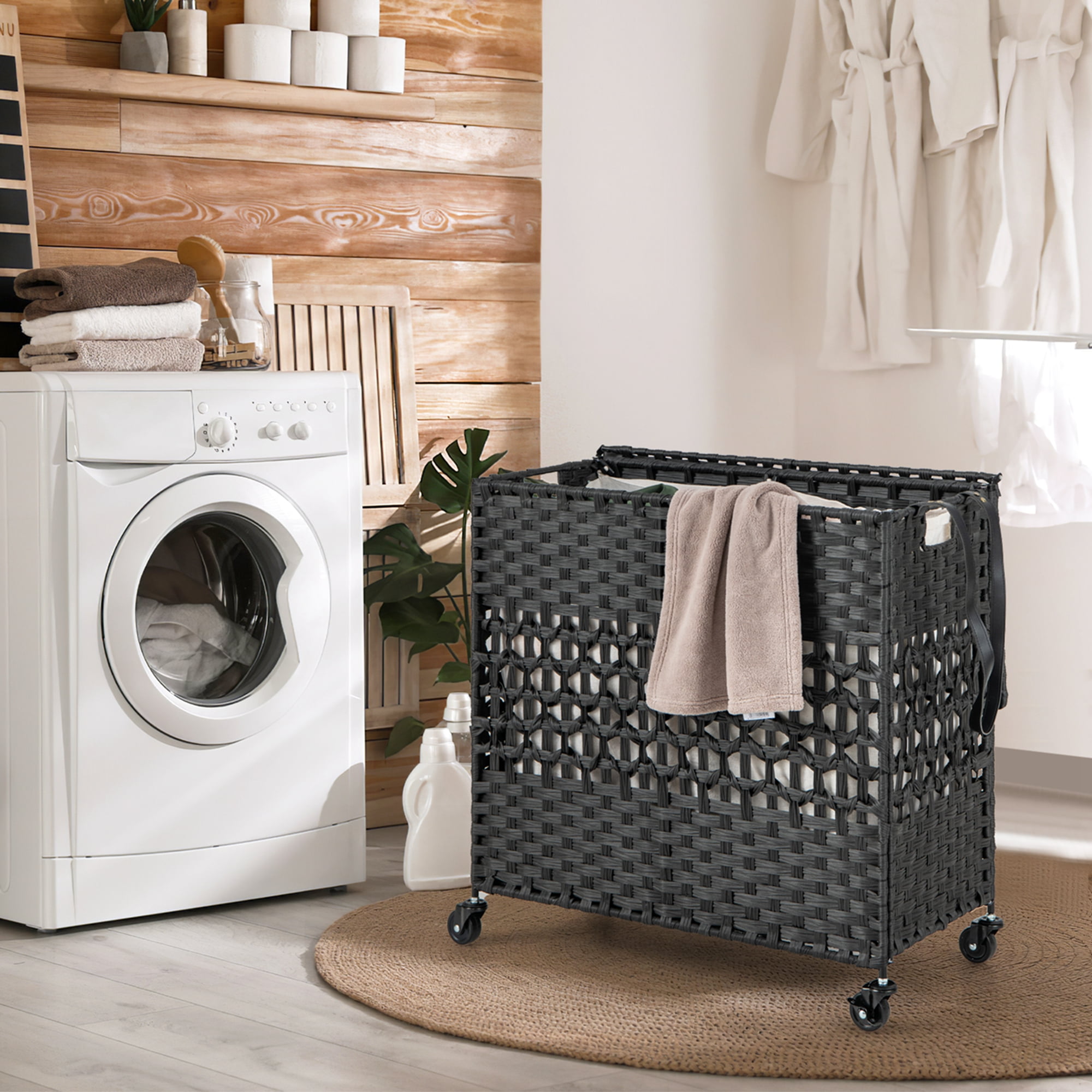 Costway 110L Laundry Hamper with Wheels Clothes Basket Lid & Handle & 2 Liner Bags Black