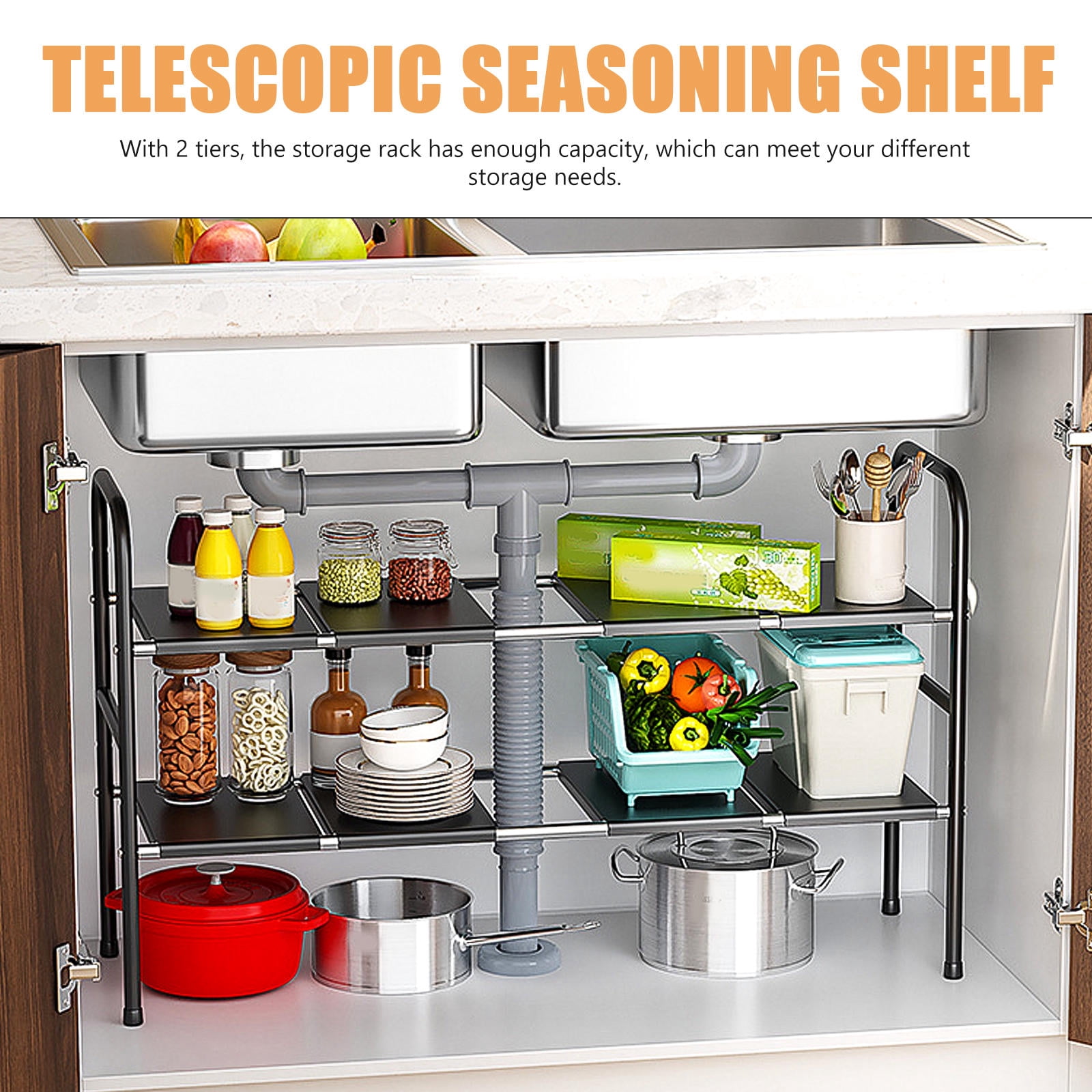 LOLIPPYY 1Set Kitchen Under Sink Cabinet Organizer Black Stainless Steel Telescopic Double Layer Rack
