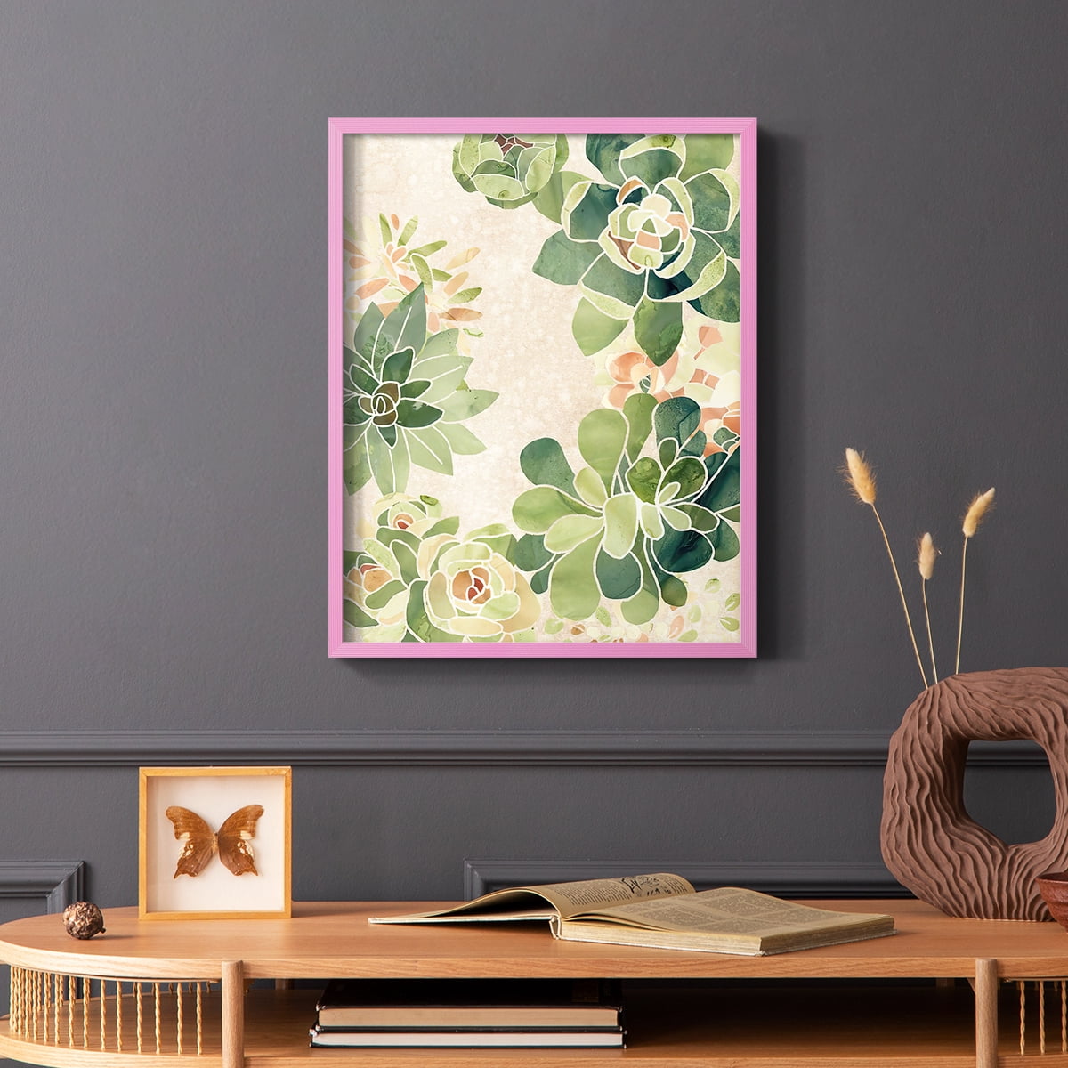 Stained Glass Succulents II Framed Print in Pink Solid Wood Framed Print No Nail Hanging