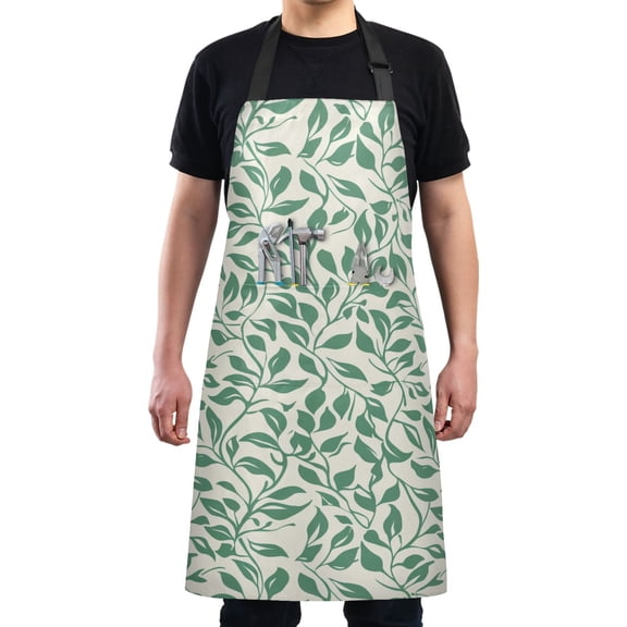 Vintage Green Leaves Kitchen Apron with 2 Pockets Adjustable waterproof Cooking Aprons for Women Men Chef