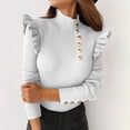 thumbnail image 2 of cfhntfmh Lounge Tops for Women Trendy High Neck Ruffle Long Sleeve Fall Slim Shirts Ribbed Front Buttons Trim Undershirts, 2 of 7