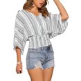 thumbnail image 4 of INSPIRAR CHIC Tops para el verano de mujeres, blusa de gasa con cuello en V, estampado, mangas de murciélago fruncidas, S blanca y negra, 4 of 5