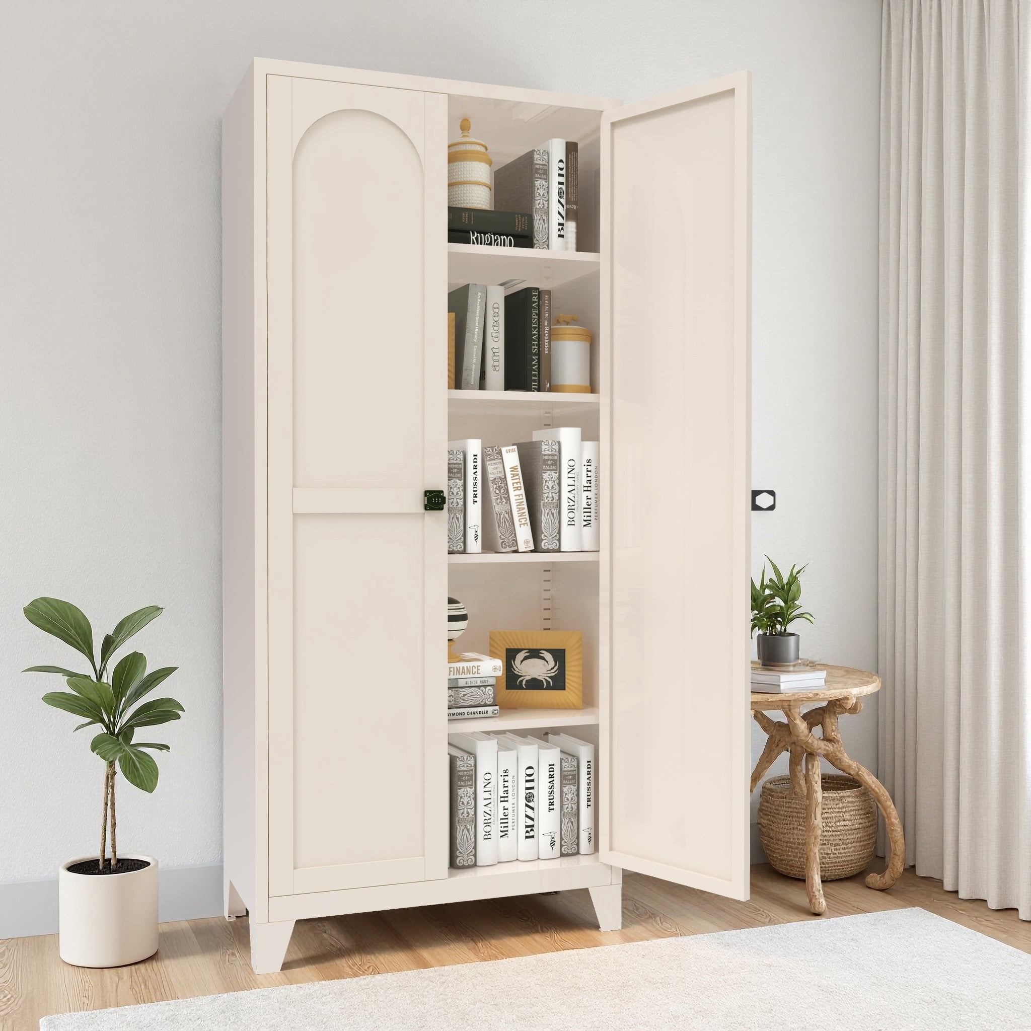 Mintazer 71" Tall Metal Storage Cabinet with Lockable 2 Door & Adjustable Shelves, Arched Freestanding Pantry Organizer for Kitchen Bedroom Office, Beige