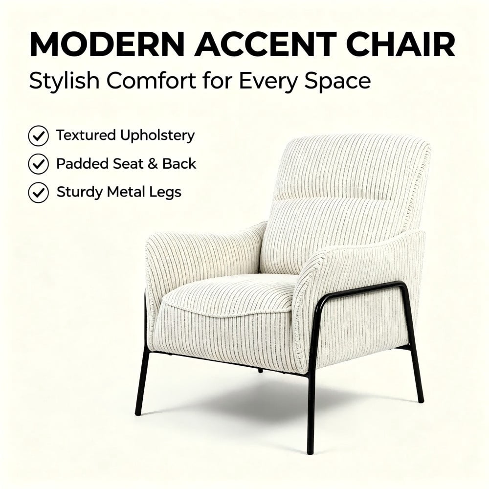 Modern Striped Accent Chair, Upholstered Armchair with Black Metal Frame, Padded Lounge & Reading Chair with Lumbar Pillow for Living Room, Bedroom & Office, Grey