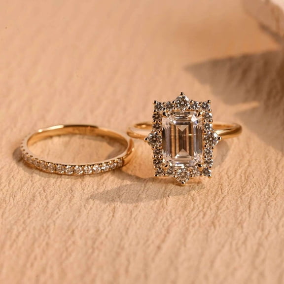 vylahjewellery 14K Vermeil Yellow Gold Anniversary Proposal Ring Halo Moissanite Engagement Ring for Her Classic Emerald Cut Diamond Bridal Set Wedding Ring