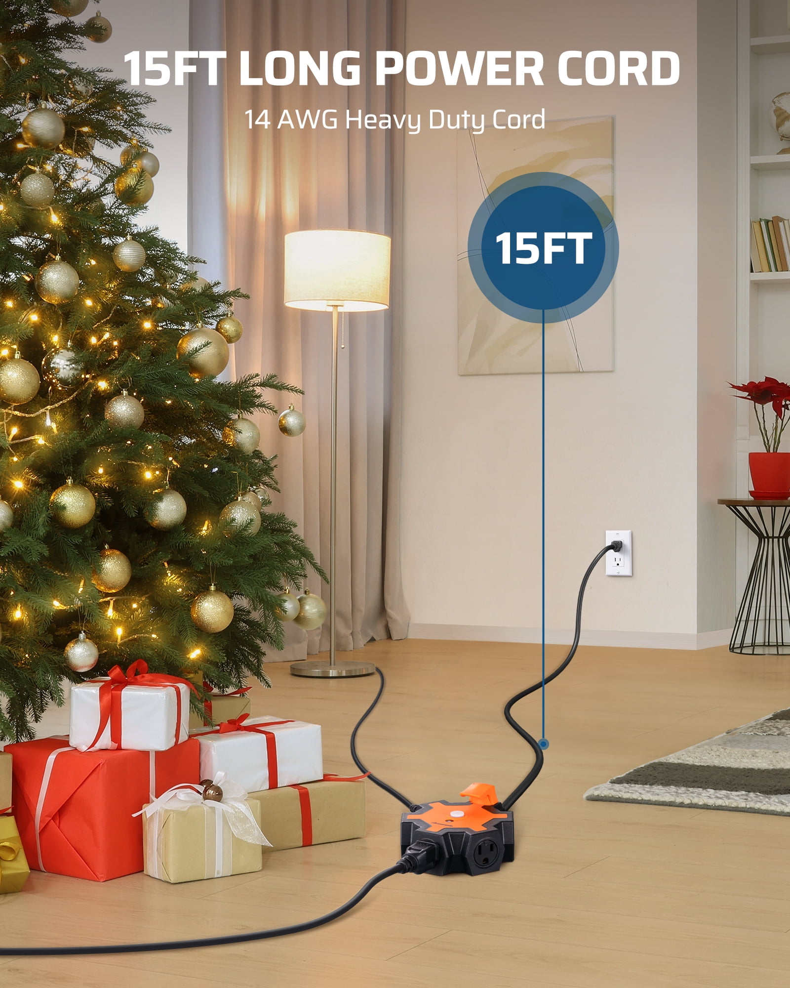 DEWENWILS Heavy Duty 5-Outlet Power Strip, 15FT Extension Cord, outlet extender, ETL Listed