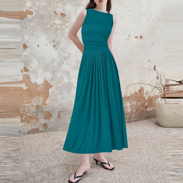 WILLBEST Vestidos De Mujer Vestido Casual Sin Mangas De Color Sólido Para Mujer Vestido Midi De Verano Con Cintura Ajustada A La Moda