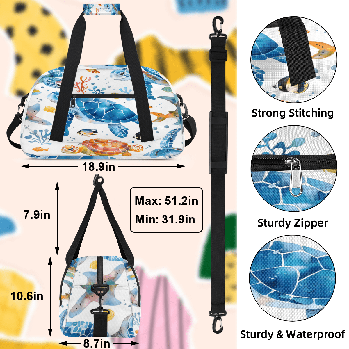Herdesigns Sports Duffle Bags Travel Duffle Bag Gym Bag Turtle Ocean Weekender Travel Bag Waterproof Overnight Bag Carry On Travel Tote Bag Dance Bags