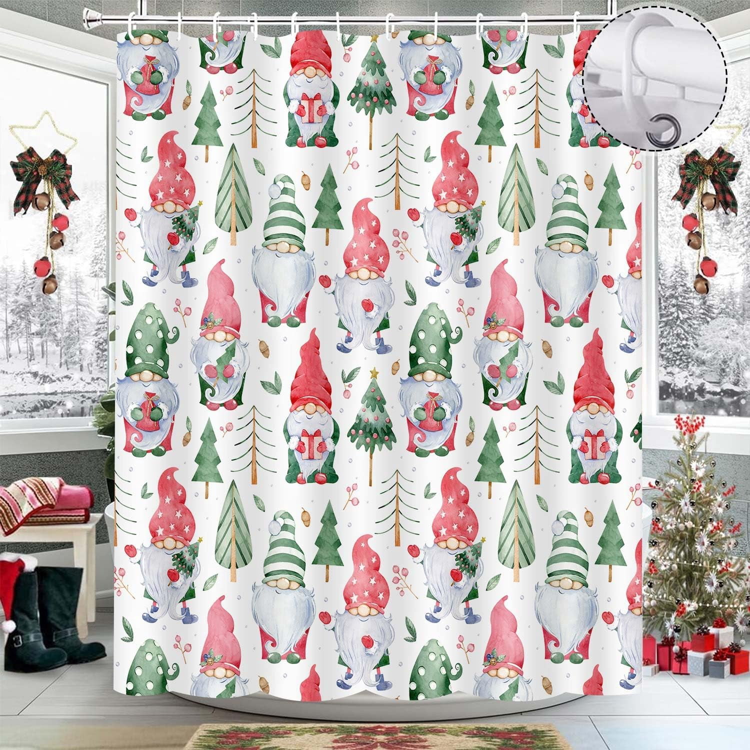 Farmhouse Christmas Shower Curtain Cute Gnomes, Gnomes Holding Xmas Gifts Bathroom Curtain Christmas Pine Tree, Winter Holiday New Year Bathroom Decorations with Hooks 72x72IN