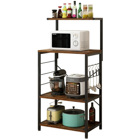 Zimtown Kitchen Utility Cart Storage Shelf Organizer, 4-Tier Baker's Rack Microwave Oven Stand with 5 Removable Hooks, Brown & Black