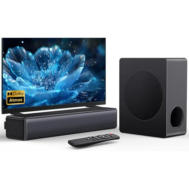 GEOYEAO Barra de sonido con subwoofer, barra de sonido de 200 W 2.1 canales con sistema de sonido envolvente Dolby Atmos, altavoz de TV Bluetooth de cine en casa ajustable con graves 3D para Smart TV/