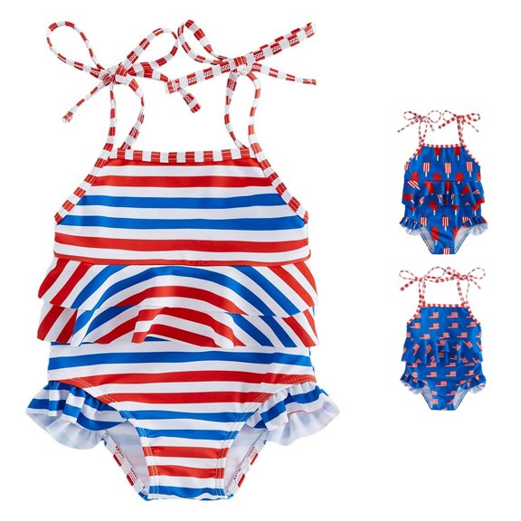 PRfgtbd Toddler Girl One Piece Swimsuit 4Th Of July /Bow/Star Print Ruffle Sleeveless Bathing Suit Swimwear Girls Independence Day Swimsuits Beachwear 2-3 Years
