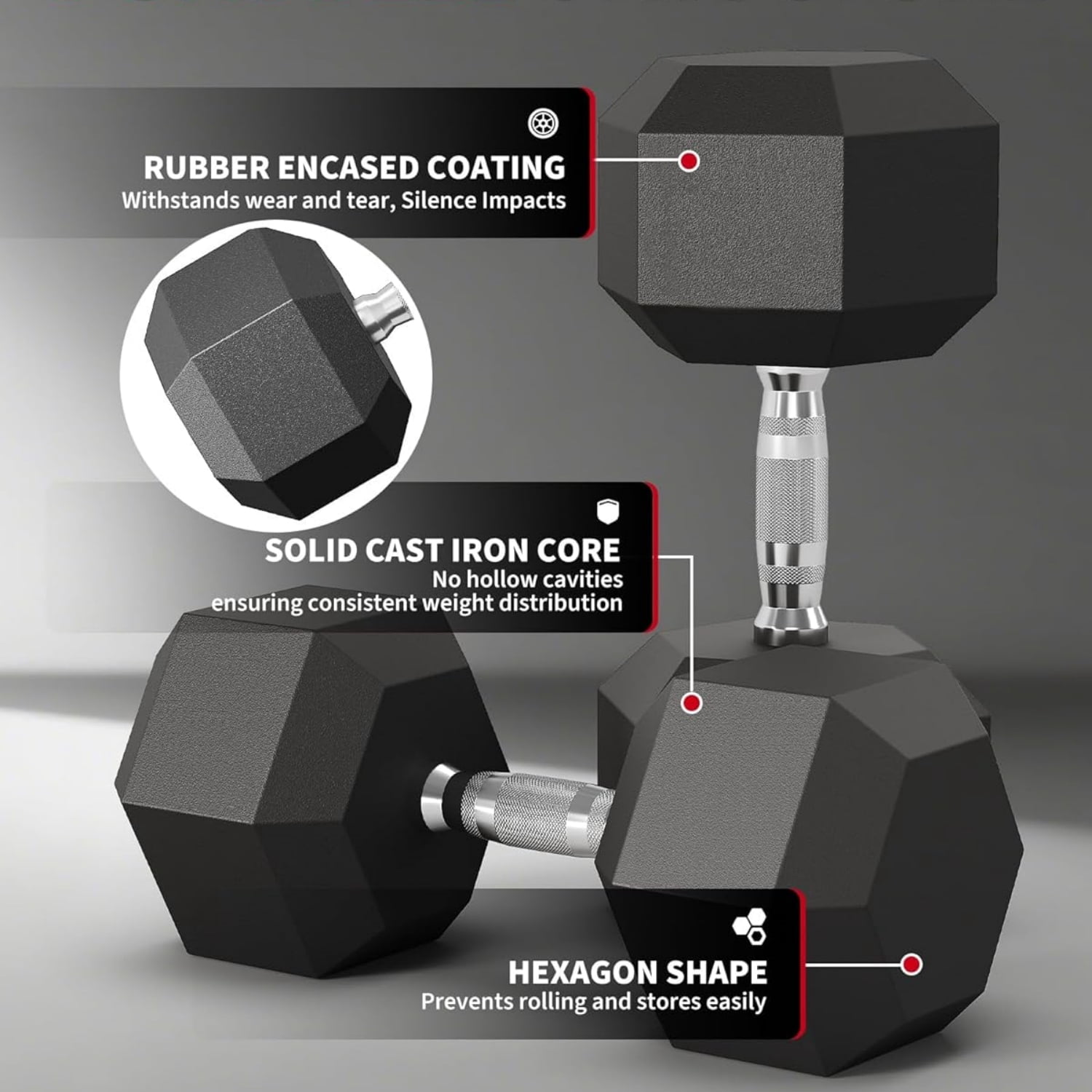 Riedhoff 25 lb Hex Dumbbell Set of 2, Hand Weights Dumbbells Pair with Cast Iron Core, Black