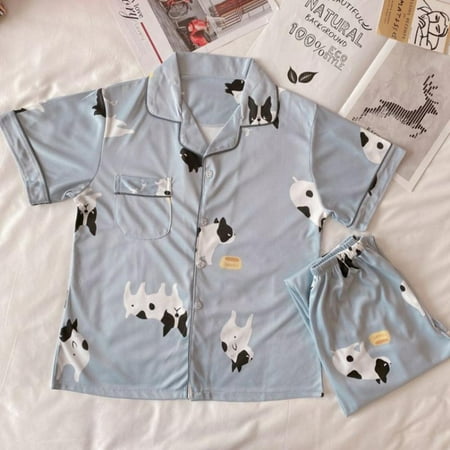 

Elaydool Pajamas Female Summer Cardigan Short-sleeved Trousers Cute Cartoon Sweet Large Size Loose Home Clothing Two-piece Pajamas