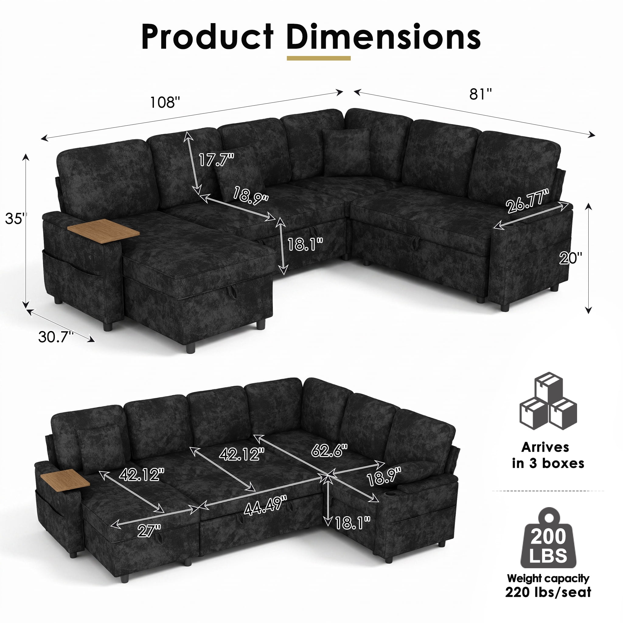 Xiweot 108" Modular Sectional Sleeper Sofa with Pull Out Couch, L Shaped Sofa Bed with Storage Chaise, Adjustable Backrest, USB Ports & Small Table, 7 Seaters Chenille Sofa for Living Room (Black)