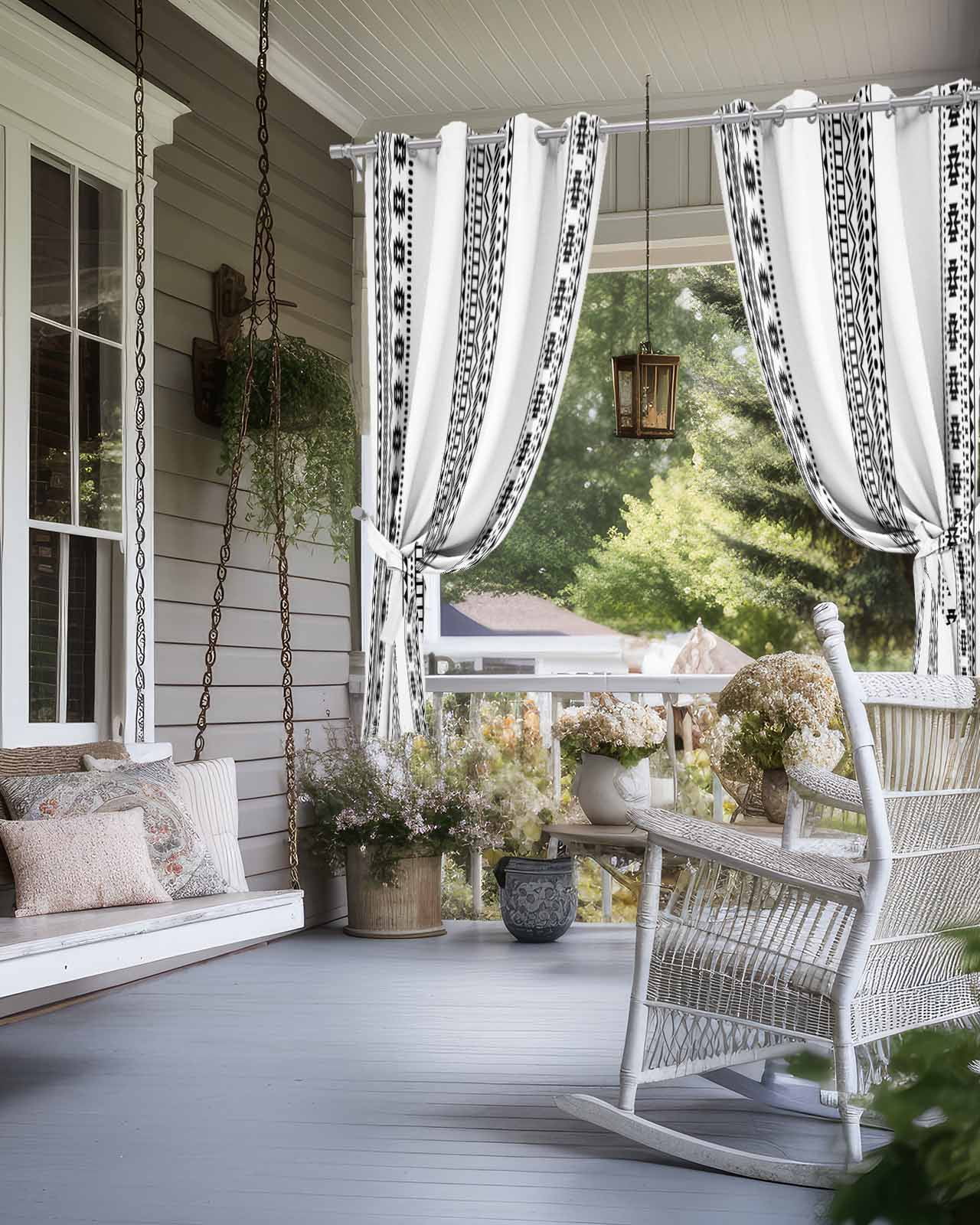White Boho Outdoor Curtains for Patio, Farmhouse Simple Abstract Striped Geometric Privacy Drapes Grommet Waterproof Outside Curtains for Porch/Cabana/Balcony 54"x 95", 2 Panel