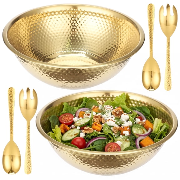 2 Pcs Hammered Salad Bowls with 4 Pcs Serving Utensils, 13 Inch Stainless Steel Salad Bowl Set, Kitchen Mixing Bowls Food Soup Storage for Cooking, Serving, and Prep