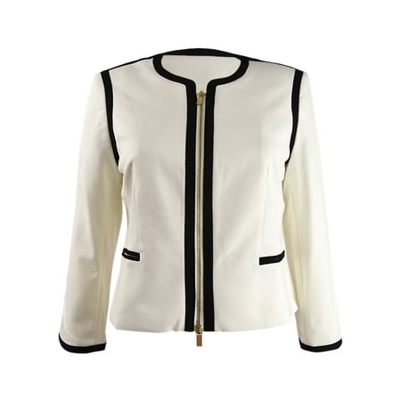 Calvin Klein Women's Zip Front Faux Pocket Blazer (12P, Cream/Black)