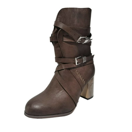 

Cathalem Boots for Women Low Heel Open Toe Vintage Winter Boots Squared Toe Zip Women s Up Fashion Heel Round Shoes women s boots Shoes Coffee 9